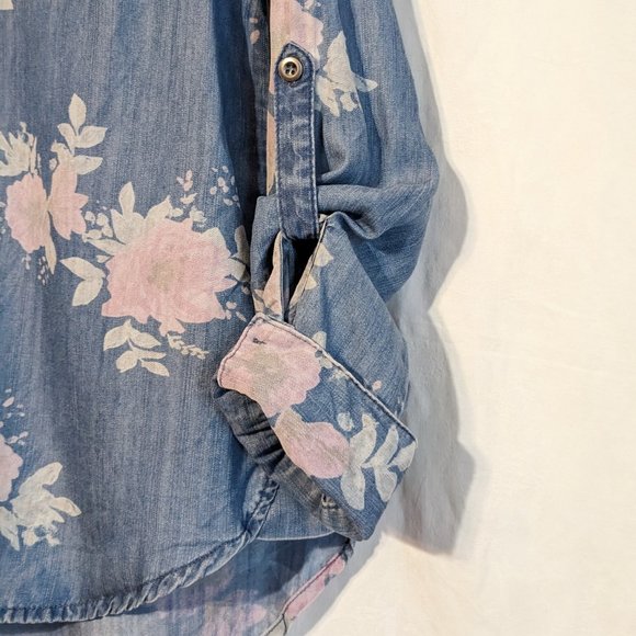 STANDARD GRACE Women's floral denim button-up shirt, adjustable sleeves, MEDIUM - Picture 10 of 16